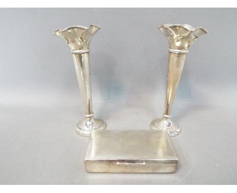 A pair of George V Walker & Hall hallmarked trumpet vases, Sheffield assay 1931 and 1933, with weighted bases and an Aristocr