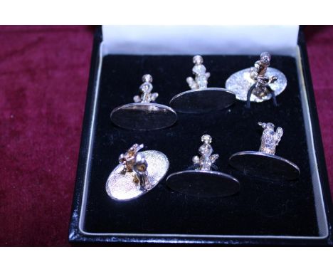 A set of six silver plated table place card holders golfing themed 