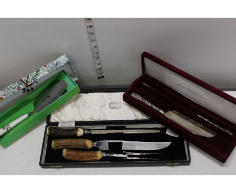 A vintage cased carving set and other cased sets, one by Harrods of London 