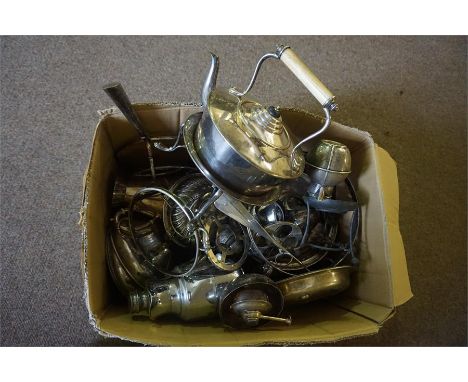 A large quantity of silver plate, including a kettle on stand with burner, milk jug and button hooks etc