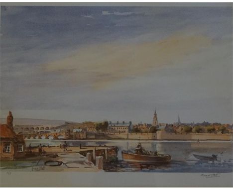 Framed signed print, artist proof of Berwick harbour by Fred Stott 