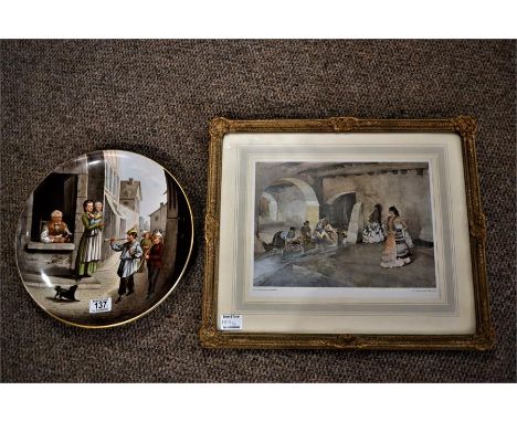 Framed Russell Flint print "the unwelcome intruder" and a 13 inch porcelain wall plaque decorated with a continental street s