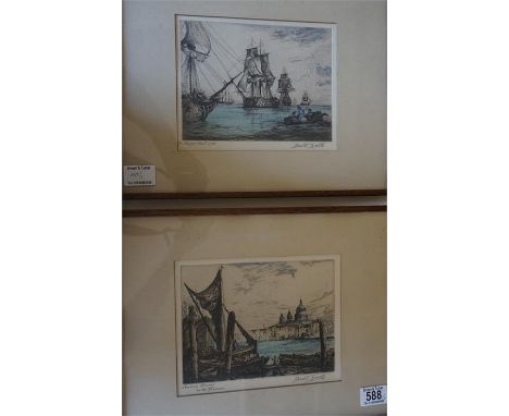 An oak framed print at breakfast and 2 oak framed maritime signed engraving by David Smith