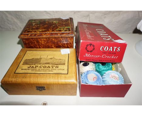 JP Coates box of crochet threads, JP Coates Treen Box, chinoiserie decorated, tin tea caddy signed GW Paynes. 