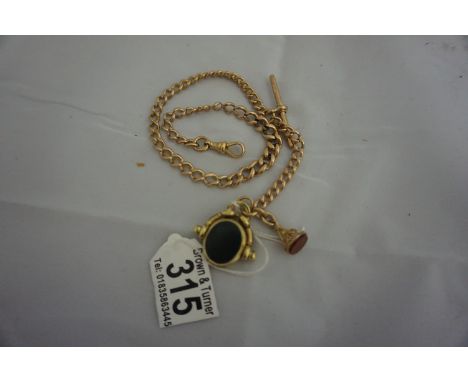 9ct gold watch albert chain with 2 agate mounted fobs 