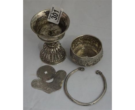 Unmarked silver chalice, Indian sugar bowl, Chinese silver pendant, unmarked white metal torque