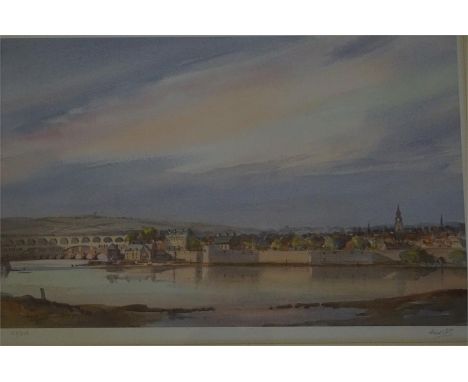 Signed Ltd Edition print of 53/250 of Berwick harbour and fortified walls by Fred Stott 