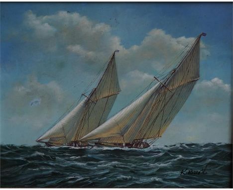 An oil on panel Yachts racing by K Burt. Size 8 inch by 10 inch 