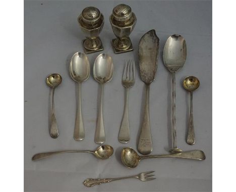 4 x Georgian mustard spoons, 2 x silver pepperettes, 1 x silver butter fork, silver serving slice, silver mixing spoon, 2 x r