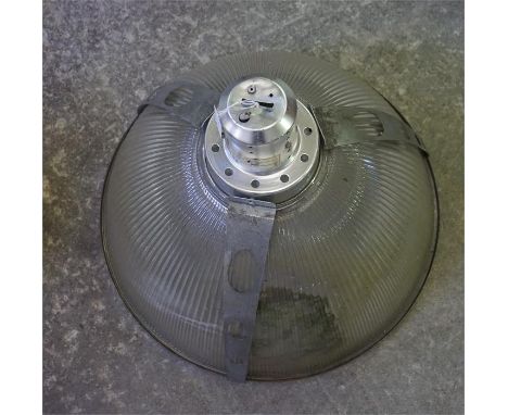 A single halo glass and silvered metal hanging station lamp from  Livingston station, Glasgow. Diameter is 21" and height is 