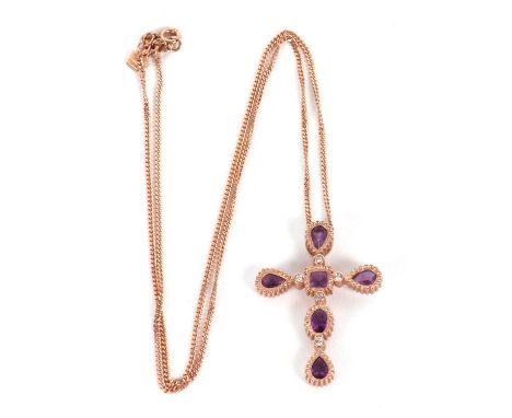 A 9ct Clogau rose gold, amethyst and diamond cross necklace, the cross set with oval, square and pear shape amethysts with fo