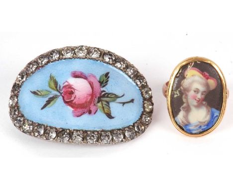 A portrait ring and paste brooch, the ring set with a collet mounted oval porcelain plaque painted with a lady, with closed b