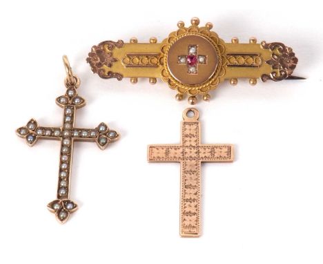 A mixed lot of gold jewellery, to include a 9ct seed pearl and ruby set bar brooch, 42mm long, 3.2g; a 9ct seed pearl set cro