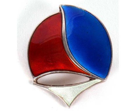 A Norweigan silver and enamel brooch by David Andersen, the red, white and blue enamelled stylised boat, stamped to reverse '