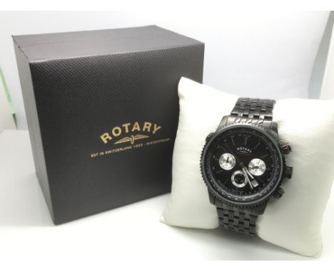 A cased gents Rotary chronograph watch with a black dial and black metal strap.