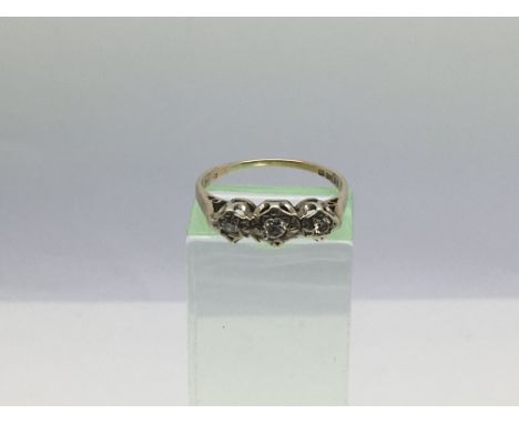 A 9ct gold three stone diamond ring, approx 2g and approx size N-O.