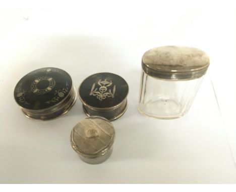 2 hallmarked silver and tortoiseshell piquet work trinket boxes plus 2 silver topped jars.
