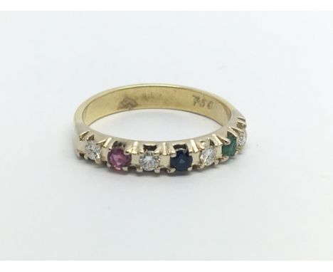 A handmade inscribed.750 ruby, emerald sapphire and diamond ring ( N/O)