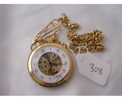 A gilt skeleton pocket watch on gilt chain    