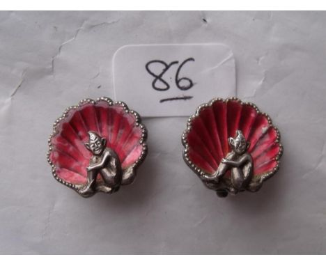 Pair of vintage pink enamel & silver shell and pixie   earclips stamped sterling England 7.5g    