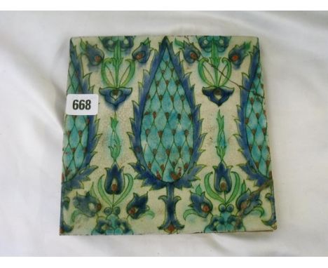 Antique Middle Eastern tile decorated with a tree 8” square