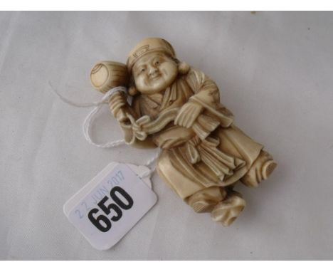 Carved ivory Chinese figure holding a mallet 3” high  - red seal        