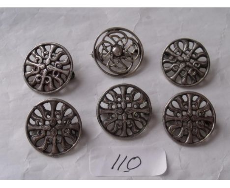 Six silver button design brooches 28g    