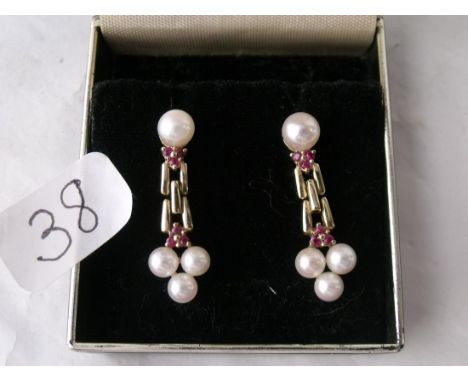 A good pair of gold mounted ruby & pearl drop ear   pendants (pierced) approx 3cm long     