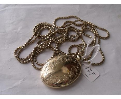 A LARGE SCROLL ENGRAVED 9CT LOCKET on very long substantial 9ct box chain (60”) 32.8g   