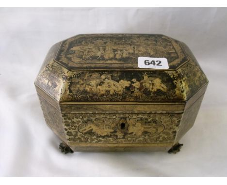 Earlier 19th century Chinese export lacquered tea caddy with pewter fitted interior   8” wide     