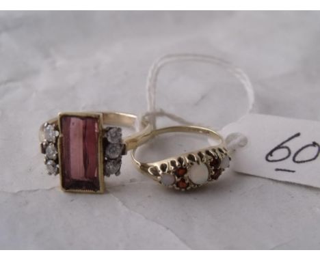 A rectangular 11mm pink Topaz & diamond high   carat ring size 'N' also a 9ct opal & garnet set ring   