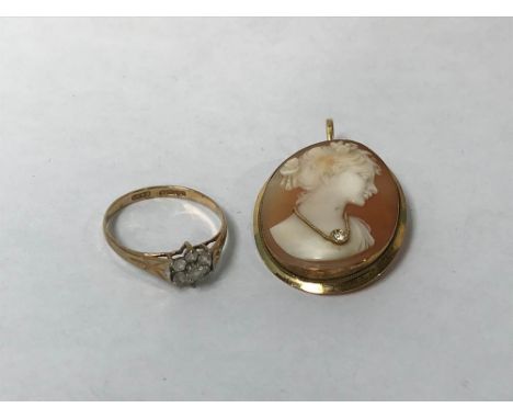 A Cameo, mount stamped '750' and a 9ct gold ring, 1.5g