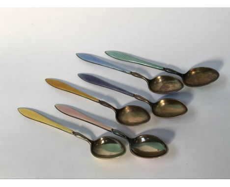 A set of six Norwegian enamelled tea spoons, stamped '925', 70g