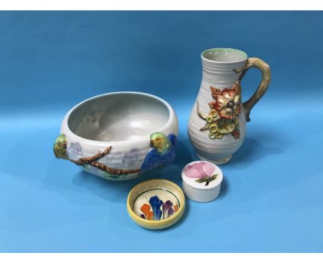 A Clarice Cliff 'Bizarre' pin dish, a Clarice Cliff bowl and jug and a small Moorcroft pin dish (4)