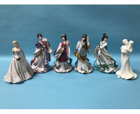 Four Oriental Danbury Mint figures and two Royal Worcester figures