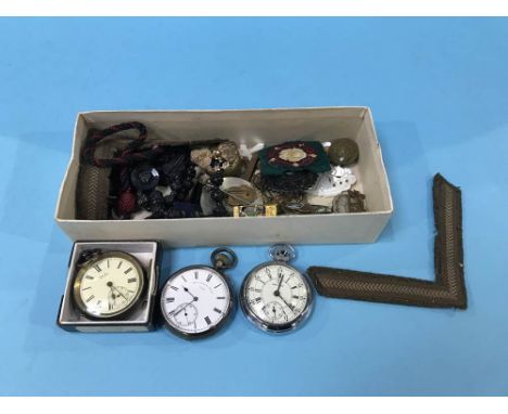 A small box of pocket watches, Scottish brooches, sweetheart brooch, seven 1950's Butlins brooches