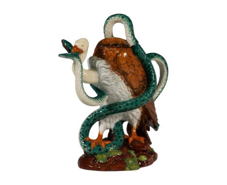 This rare fine China bird and snake teapot is part of the Minton Archive Collection. It is a naturalist figural piece with a 