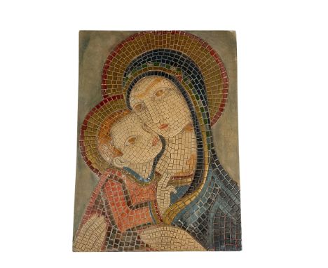 Cast in a mosaic tile style, hand painted multi-color detail. Goldscheider silver sticker. Condition: Issued: 20th centuryDim