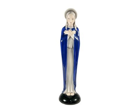 Praying Madonna standing figure in gloss finish. Backstamp Goldscheider Wein in script in black. Impress mark 6862 182 19. Co