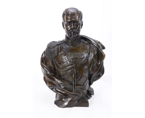  Léopold Bernhard Bernstamm (Russo-French, 1859 - 1939), a patinated bronze portrait bust of Czar Nicholas II,   portrayed we