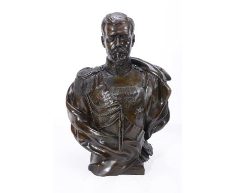  Léopold Bernhard Bernstamm (Russo-French, 1859 - 1939), a patinated bronze portrait bust of Czar Nicholas II,   portrayed we