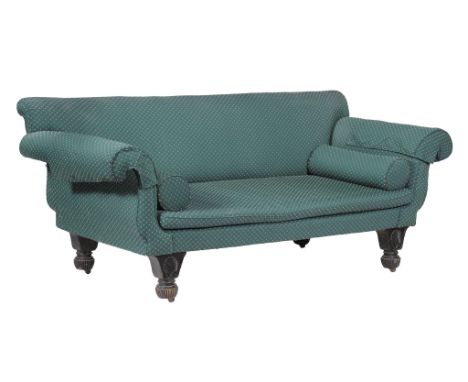  A Regency ebonised and upholstered sofa,   circa 1815, the rectangular back flanked by overscrolling arms, the rectangular l