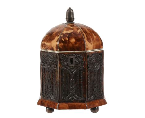  A late George III or Regency tortoiseshell veneered and ivory banded tea caddy,   circa 1810, of octagonal section, the hing