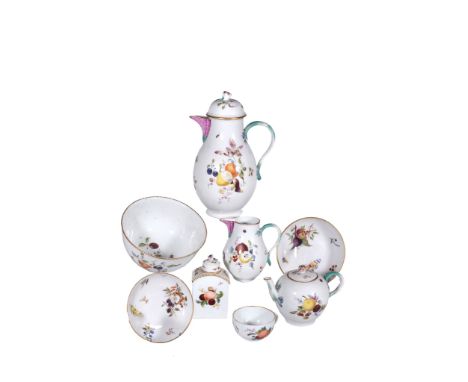  A Meissen part tea and coffee service,   circa 1770, painted with scattered fruit and insects, comprising: a baluster coffee
