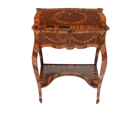  A George III marquetry work table  , circa 1760 and later , in the manner of  Pierre Langlois , the serpentine shaped hinged