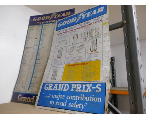 Two vintage metal Goodyear tyre pressure signs