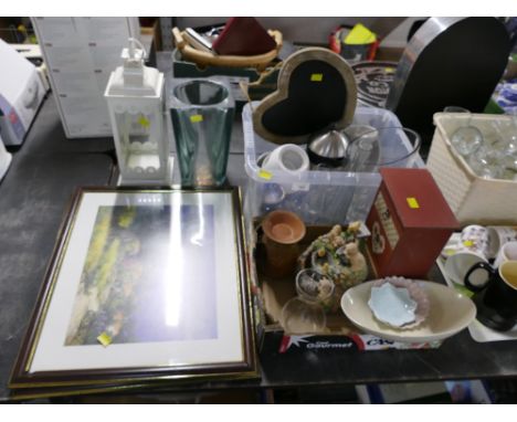 Picture, glass vase, lantern, box of ornaments, glassware etc