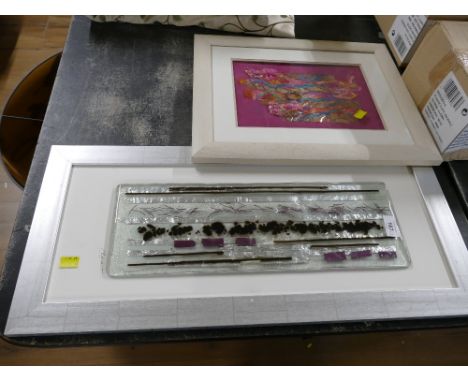 Framed glass art plaque signed C Romano and&nbsp; framed fabric picture