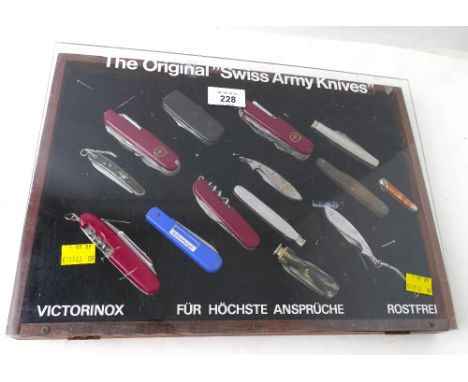 Victorniox Swiss Army Knives shop display with pocket knives. This bladed product is not for sale to people under the age of 