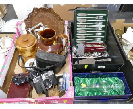 Box of cutlery, Claddagh glass vase, wooden items, barometer, biscuit barrel, cameras, binoculars etc